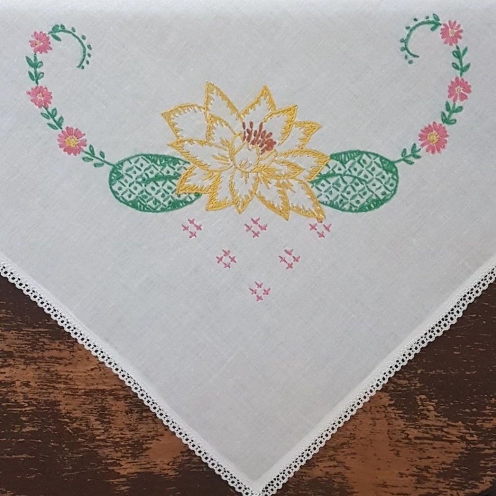 Vintage Hand Embroidered Tablecloth, Square Table Topper, 33 x 33 inch